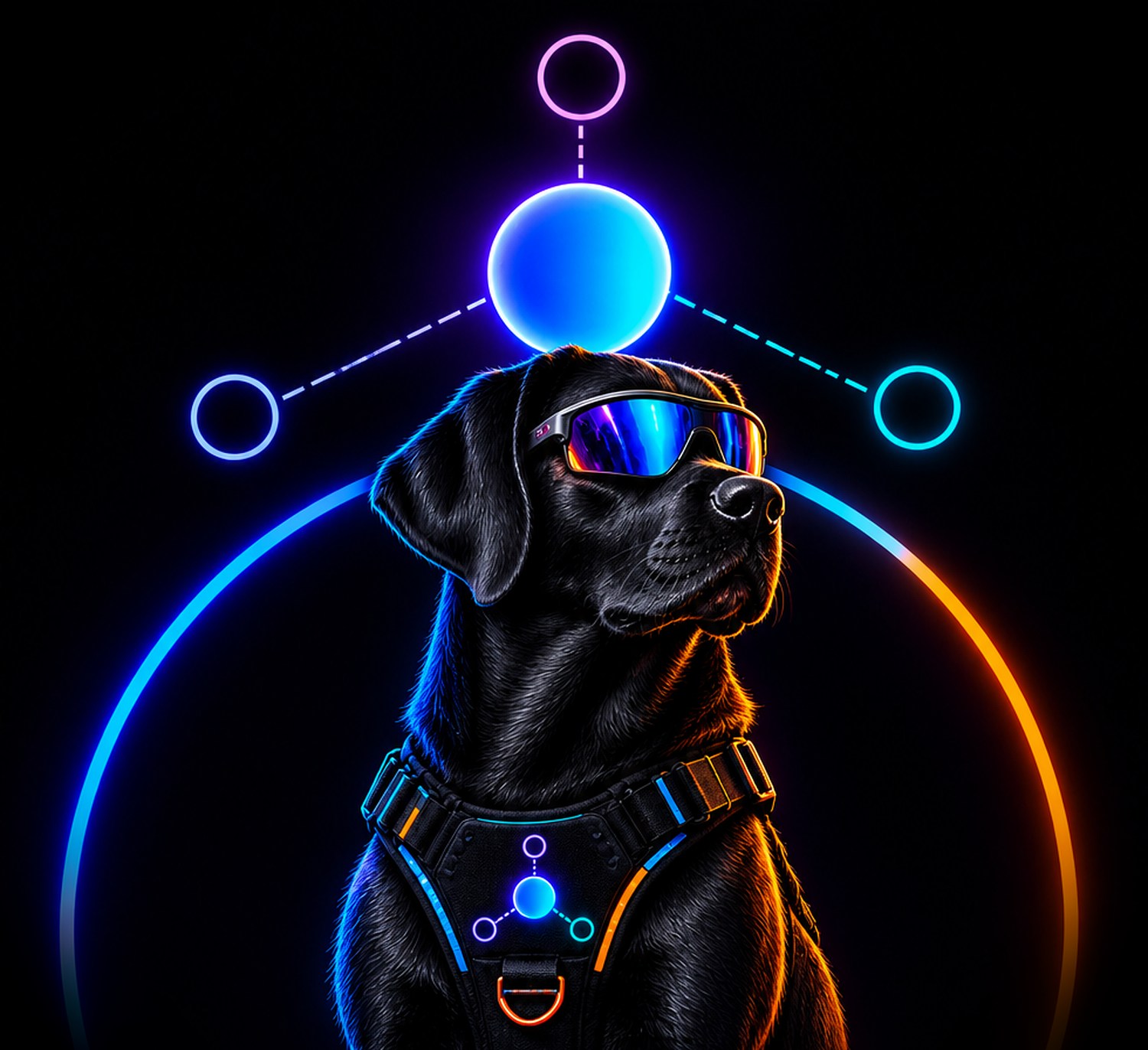 The ProyTech mascot, a black Labrador in tech goggles and harness