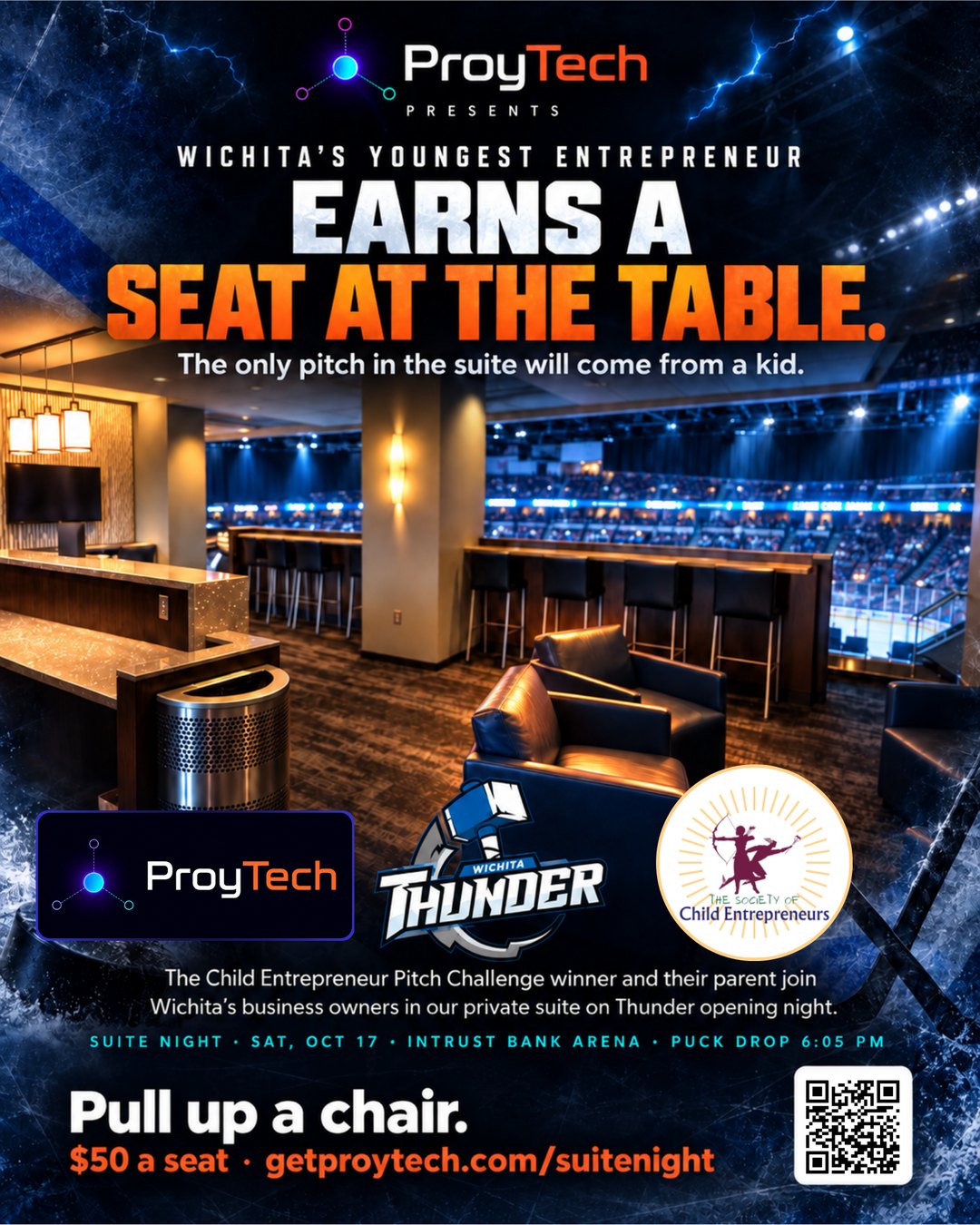 ProyTech presents: Wichita's youngest entrepreneur earns a seat at the table. The Child Entrepreneur Pitch Challenge winner and their parent join Suite Night on October 17 at INTRUST Bank Arena.